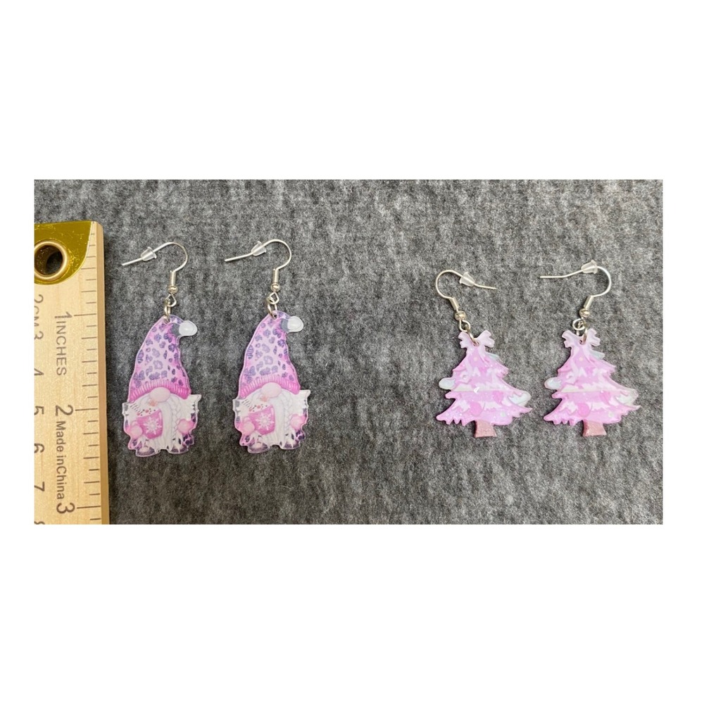 Pink Christmas Acrylic Earring Set Gnome Leopard Print Tree Holiday Drop 2 Pair